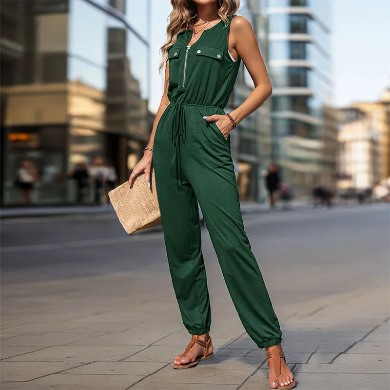 Women Jumpsuit Sleeveless Zipper V-neck High Waist Girth Pants Pockets Decorated Solid Color Street Style Women's Wear Summer