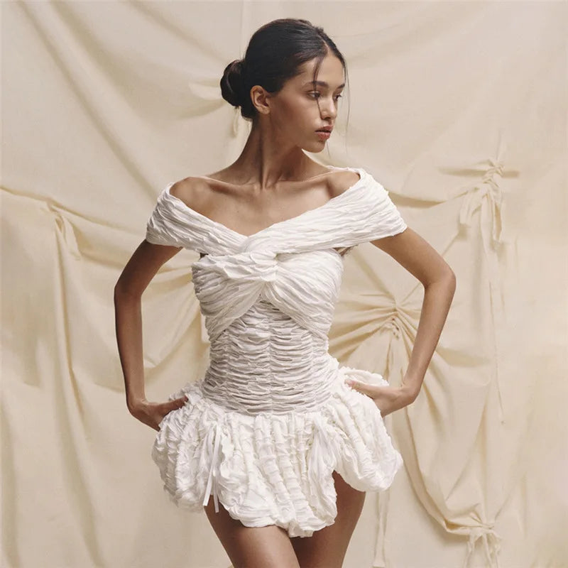 Tornova Twist Off-Shoulder Mini Dress Ruched Women Backless White Lace Up Slim High Waist Dress Female Evening Party Sexy Dress
