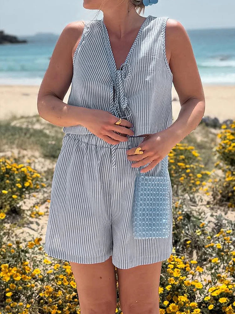 Summer Women Tank Pants Beach Style Suit Streetwear Fashion Striped Lace-up Tank Casual Slim Shorts 2 Piece Lady Sexy Partywear