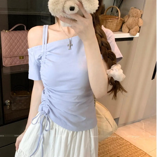 Summer Women Off-shoulder Short-sleeved T-shirt 2025 New Solid Color Pleated Top