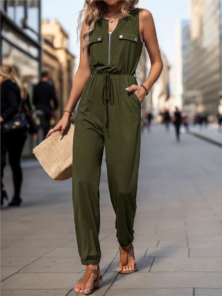 Women Jumpsuit Sleeveless Zipper V-neck High Waist Girth Pants Pockets Decorated Solid Color Street Style Women's Wear Summer