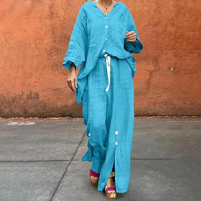 Loose Casual Cotton Linen 2 Piece Set Fashion V-neck Long Sleeve Pocket Button Shirt Elastic Waist Lace Up Split Trousers Suit