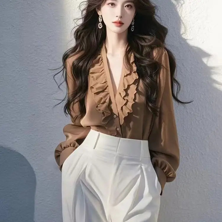 Spring Temperament Ruffles V-neck Shirts Ladies Fashion Solid Color Long Sleeve Blouse Autumn Simplicity Elegant Buttons Top Tee