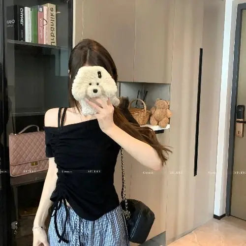 Summer Women Off-shoulder Short-sleeved T-shirt 2025 New Solid Color Pleated Top