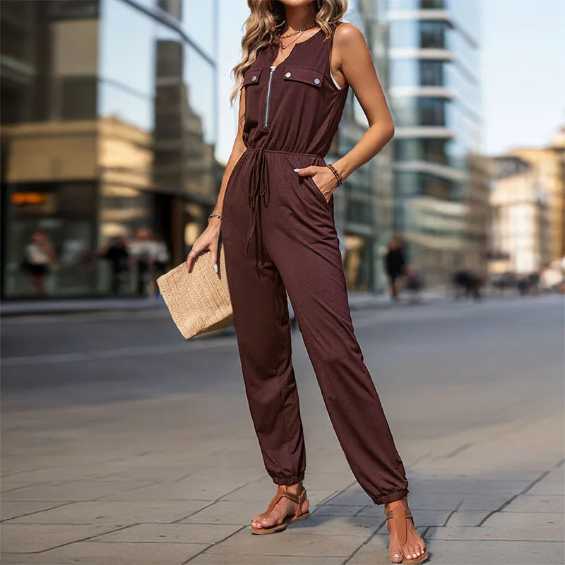 Women Jumpsuit Sleeveless Zipper V-neck High Waist Girth Pants Pockets Decorated Solid Color Street Style Women's Wear Summer