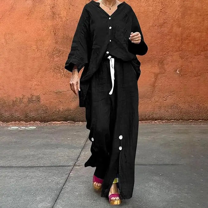 Loose Casual Cotton Linen 2 Piece Set Fashion V-neck Long Sleeve Pocket Button Shirt Elastic Waist Lace Up Split Trousers Suit