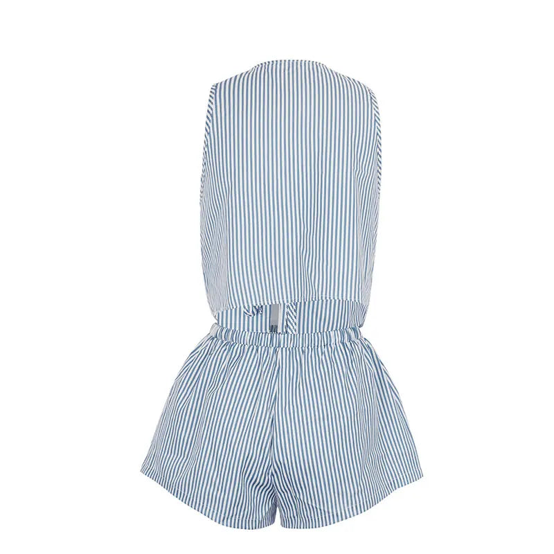 Summer Women Tank Pants Beach Style Suit Streetwear Fashion Striped Lace-up Tank Casual Slim Shorts 2 Piece Lady Sexy Partywear