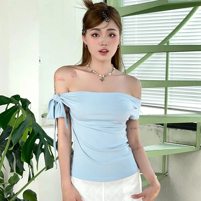 2025 Women'S Summer Ins Style New Shrink Pleated One-Shoulder Crop Top Backless Twist Tie Asymmetric T-Shirt Casual Top