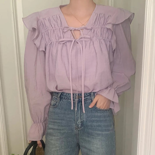 Ele Purple Long Sve irt Women's Design Sensation Lace Trim Faionable Top Spring Summer New Arrival